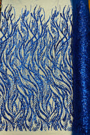 Wavy Floral Beaded Fabric - Royal Blue  - Geometric Beaded Sequins Embroidered Fabric Sold By Yard