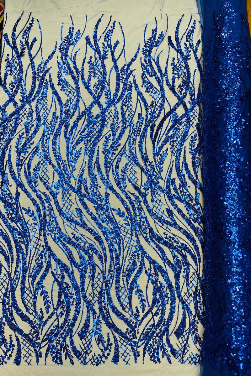 Wavy Floral Beaded Fabric - Royal Blue  - Geometric Beaded Sequins Embroidered Fabric Sold By Yard