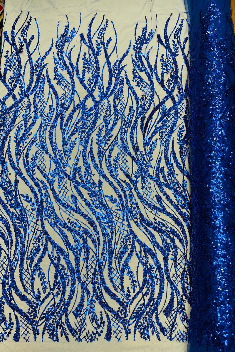 Wavy Floral Beaded Fabric Royal Blue Geometric Beaded Sequins Embr