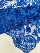 3D Floral Leaf Line Panels - Royal Blue - 3D Embroidered Flower Lines with Pearls on Lace By Yard