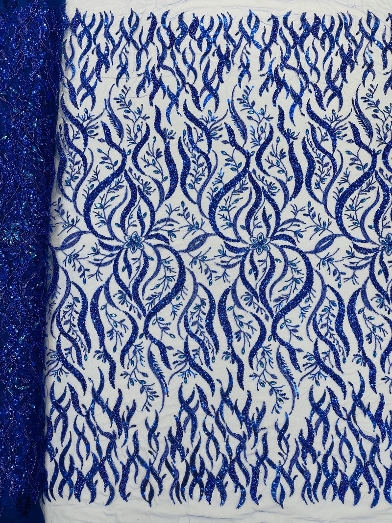 Floral & Leaf Pattern Bead Fabric - Royal Blue - Embroidered Beaded Rhinestone on a Mesh, Sold By Yard