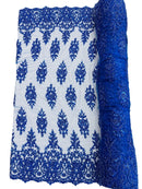 Embroidered Bead Fabric - Royal Blue - Floral Damask Bead Bridal Lace Fabric by the yard