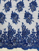 Beaded Rhinestone Fabric - Royal Blue - Floral Rhinestone Beaded Design with Fancy Border Sold By Yard