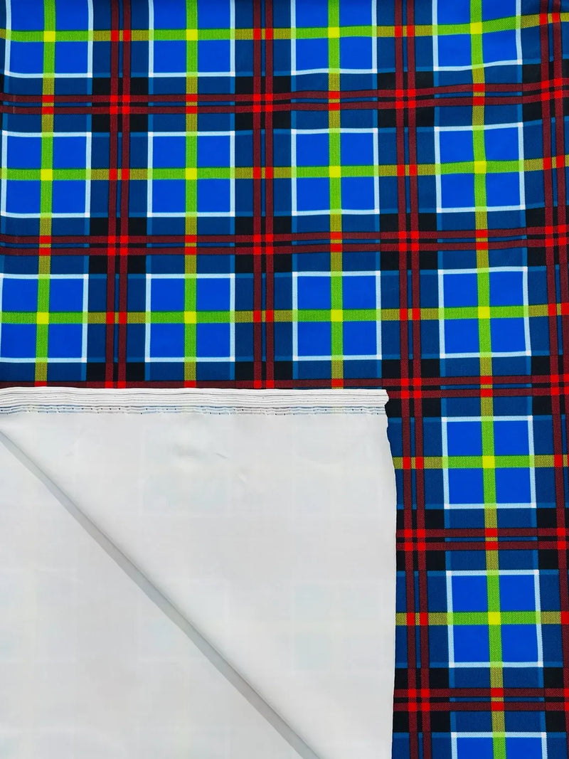 58-60" Plaid Print Milliskin Fabric - Royal Blue - Spandex 4 Way Stretch Plaid Fabric Sold by Yard