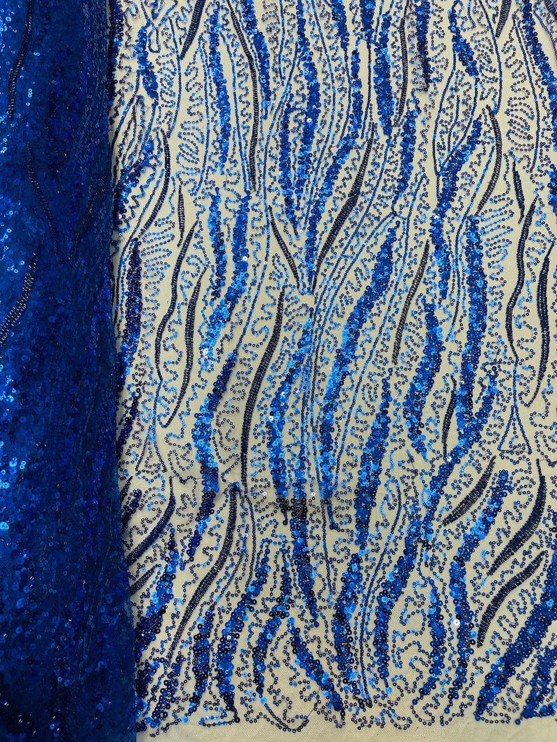 Wavy Leaf Lines Fabric - Royal Blue - Beaded Sequins Leaf Pattern Embroidered On Mesh By Yard