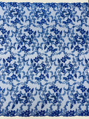 Flower Metallic Lace Fabric - Royal Blue - Corded Floral Sequins Design Fabric Embroidered on Lace by Yard