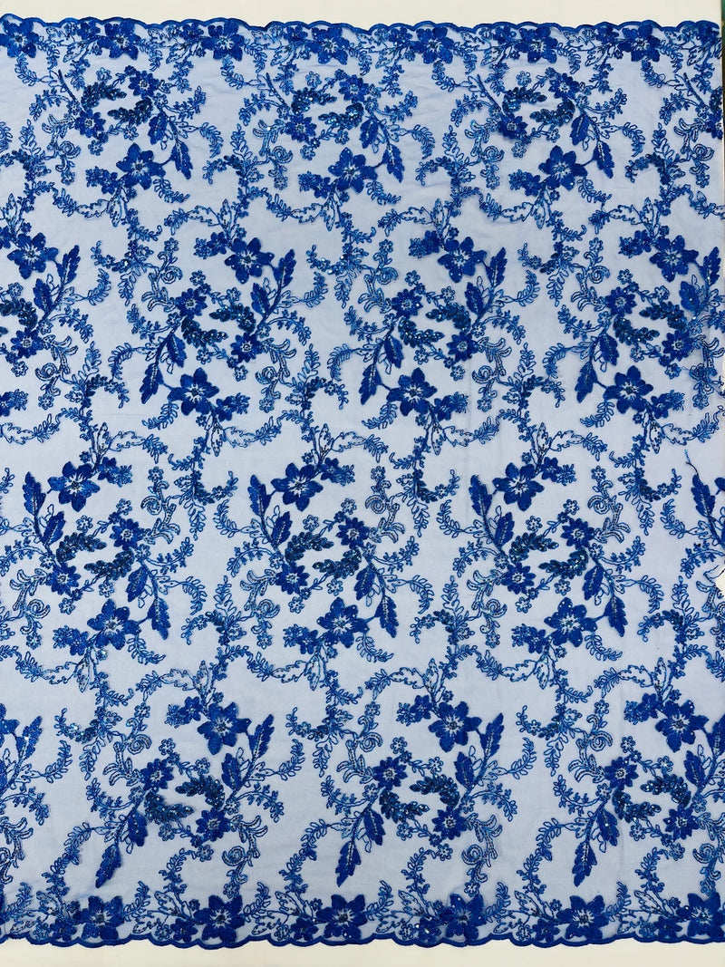 Flower Metallic Lace Fabric - Royal Blue - Corded Floral Sequins Design Fabric Embroidered on Lace by Yard