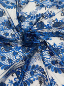 Two Tone Lace Floral Fabric - Royal Blue - Flower and Fish Designs Corded on Sequins Lace By Yard