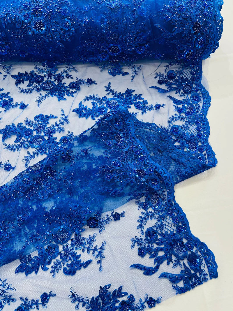 Beaded Sequins Floral Fabric - Royal Blue - Embroidered Beaded Floral Clusters Sequins Fabric By Yard