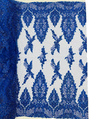 Beaded Floral Fabric - Royal Blue - Luxury Bridal Floral Pattern Fabric With Beads, Sequins Sold By Yard