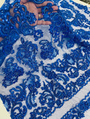 My Lady Beaded Fabric - Royal Blue - Damask Beaded Sequins Embroidered Fabric By Yard