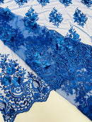 3D Floral Fabric with Pearls - Royal Blue - Embroidered Flower and Leaf Patterns on Lace Fabric by Yard