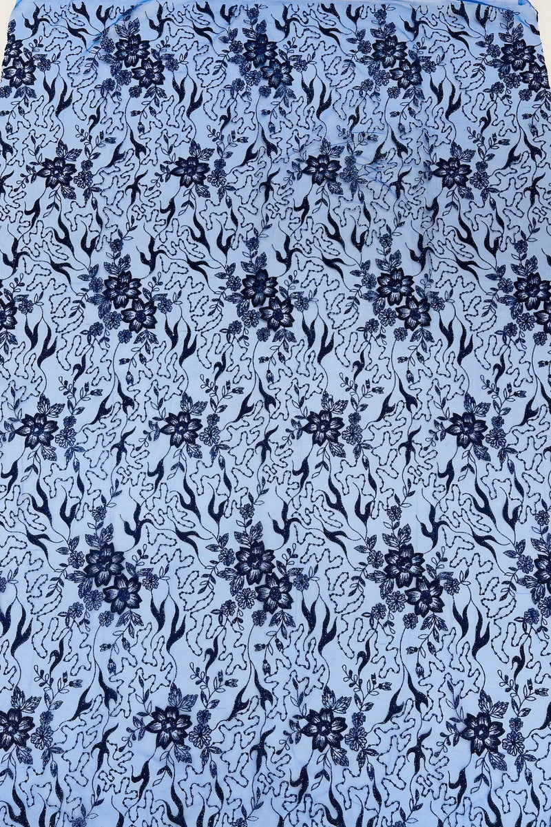 Floral Glitter Design Fabric - Royal Blue - 3D Glitter Tulle Flower Plant Design Fabric By Yard