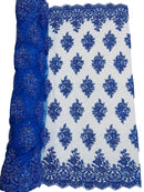 Heavy Bridal Lace Fabric - Royal Blue - Floral Beaded Heavy Lace Fabric Sold by Yard