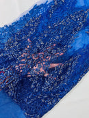 Fancy Rhinestone Glitter Fabric - Royal Blue - Embroidered Damask Design Glitter Mesh Fabric by Yard
