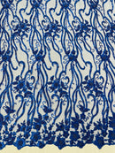 Flower Lines Bead Fabric - Royal Blue - Beaded Flower Fabric with Curled Long Lines Pattern By Yard
