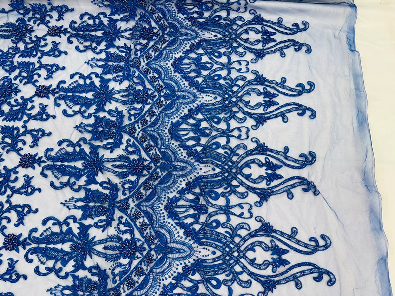 Damask Beaded Glam Fabric - Royal Blue - Embroidery Beaded Fabric with Round Beads Sold By The Yard