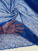 Beaded Mesh 3D Fabric - Royal Blue - Beaded Lace Mesh Fabric Embroidered with Small Sequins Sold By Yard