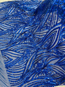 Curvy Design Sequins Fabric - Royal Blue - 4 Way Stretch Curvy Sequins Design Mesh Fabric by Yard