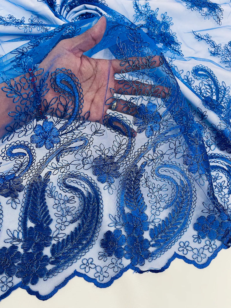 Metallic Paisley Floral Lace - Royal Blue - Corded Floral Lace with Metallic Thread on Mesh By Yard