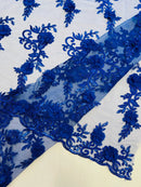 3D Floral Cluster with Border Lace - Royal Blue - Flower with Leaves Design 3D Fabrics Sold By Yard