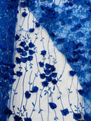 3D Floral Glitter Fabric - Royal Blue - 3D Sequins and Glitter Floral Design on Mesh Sold By Yard