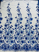 3D Glitter Floral Fabric - Royal Blue - Glitter Sequin Flower Design on Lace Mesh Fabric by Yard