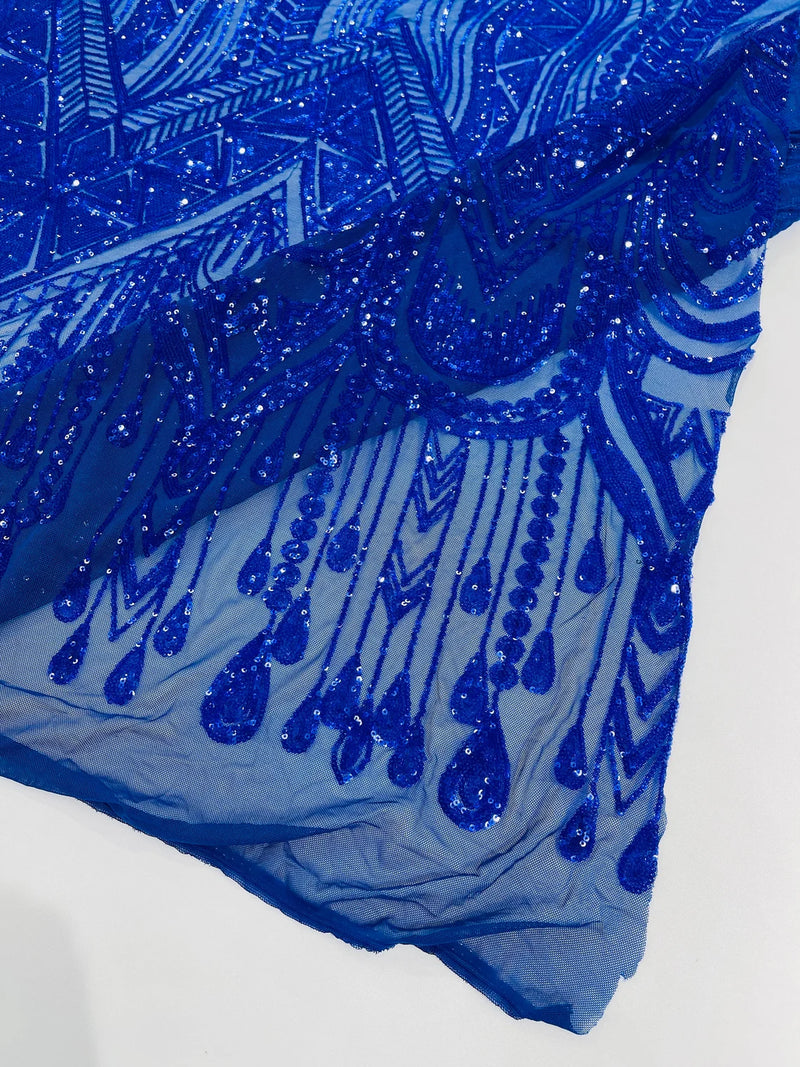 Zig Zag Tear Drop Sequins - Royal Blue - Embroidered Zig Zag Sequins 4 Way Stretch By Yard