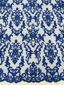 Beaded Butterfly Pattern Fabric - Royal Blue - Damask Fancy Bead Sequins Fabric Sold by Yard