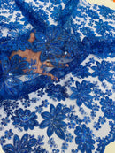 Metallic Floral Lace Fabric - Royal Blue  - Hologram Sequins Floral Metallic Thread Fabric by Yard