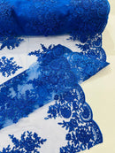 Flower Lace Sequins Fabric - Royal Blue - Embroidered Floral Pattern Fabric with Sequins on Lace By Yard