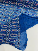 Geometric Stretch Sequin - Royal Blue - Fancy Gem Design on Mesh By Yard