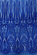 Mermaid Design Fabric - Royal Blue - 4 Way Stretch Sequins Fabric on Lace Mesh Sold By Yard