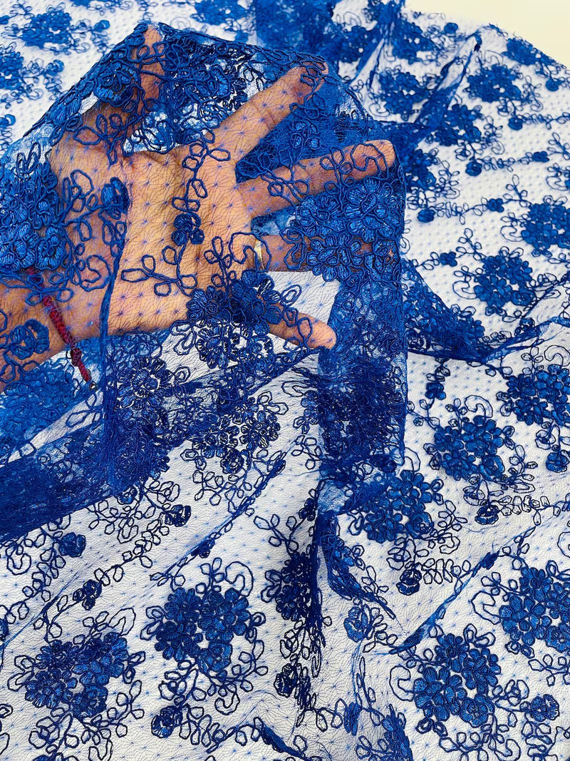 Jasmine Flower Fabric - Royal Blue - Embroidered Floral Design Lace Mesh Bridal Fabric By Yard