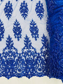 Embroidered Bead Fabric - Royal Blue - Floral Damask Bead Bridal Lace Fabric by the yard