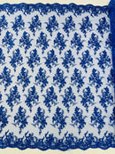 Beaded Sequins Floral Fabric - Royal Blue - Embroidered Beaded Floral Clusters Sequins Fabric By Yard