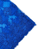 Flower 3D Corded Fabric - Royal Blue - Lace Mesh Fabric Embroidered Floral Design by Yard