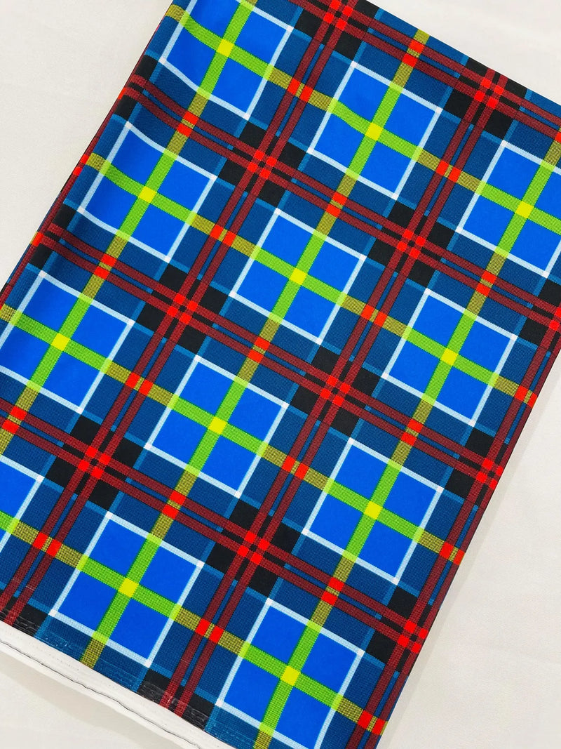 58-60" Plaid Print Milliskin Fabric - Royal Blue - Spandex 4 Way Stretch Plaid Fabric Sold by Yard