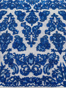 My Lady Beaded Fabric - Royal Blue - Damask Beaded Sequins Embroidered Fabric By Yard