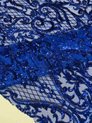 Heart Shape Sequins Fabric - Royal Blue - 4 Way Stretch Sequins Damask Fabric By Yard