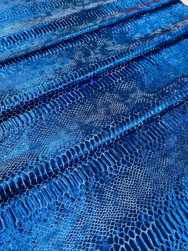 Anaconda Foil Velvet - Royal Blue - Shiny Foil Velvet Anaconda Snake Print Fabric Sold By The Yard