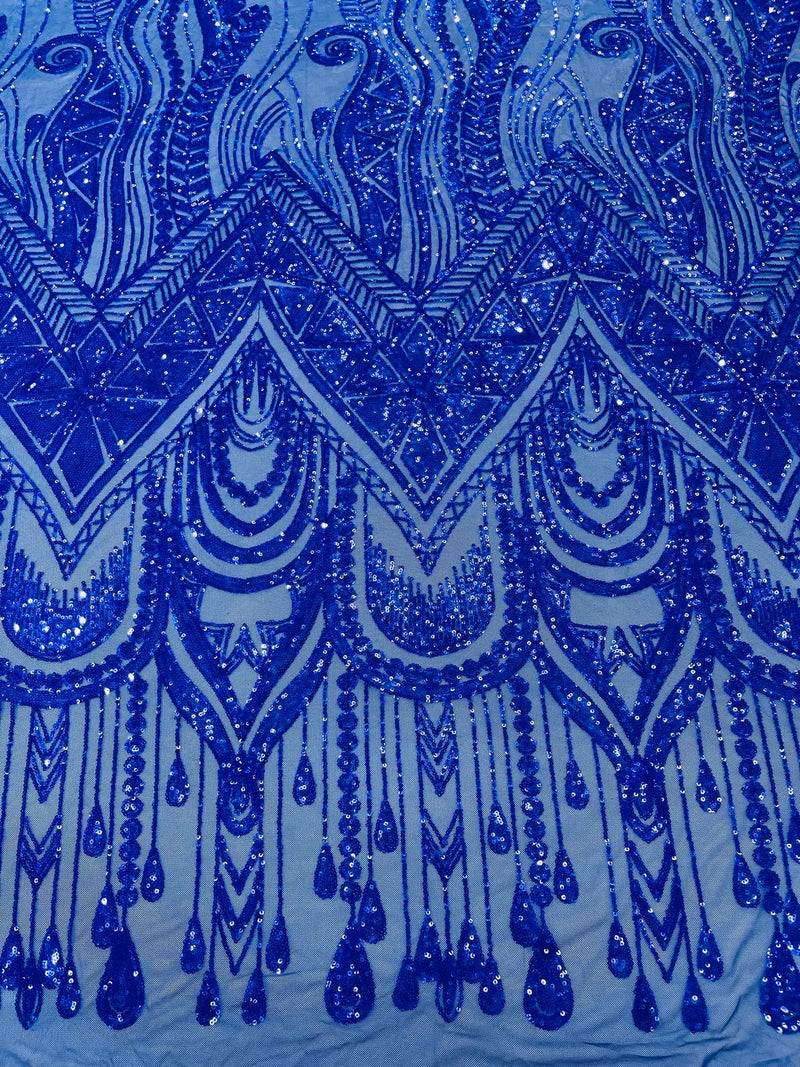 Zig Zag Tear Drop Sequins - Royal Blue - Embroidered Zig Zag Sequins 4 Way Stretch By Yard