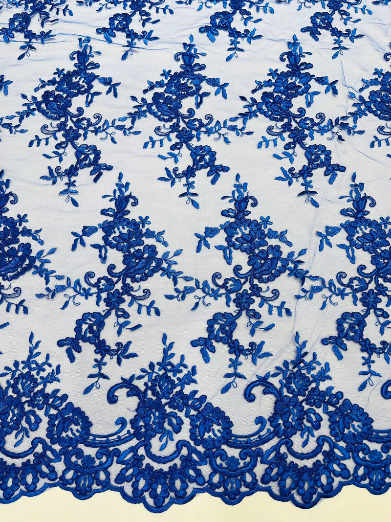 Plant Design Lace Fabric - Royal Blue - Small Plant Flower Leaf Design Lace Fabric Sold By Yard