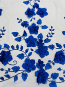 3D Orquidia Floral Lace - Royal Blue - Beautiful Orchid Flower Fabric on Mesh by Yard