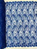 Flower Lines Bead Fabric - Royal Blue - Beaded Flower Fabric with Curled Long Lines Pattern By Yard