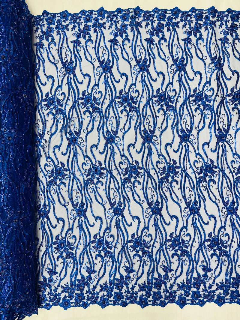 Flower Lines Bead Fabric - Royal Blue - Beaded Flower Fabric with Curled Long Lines Pattern By Yard