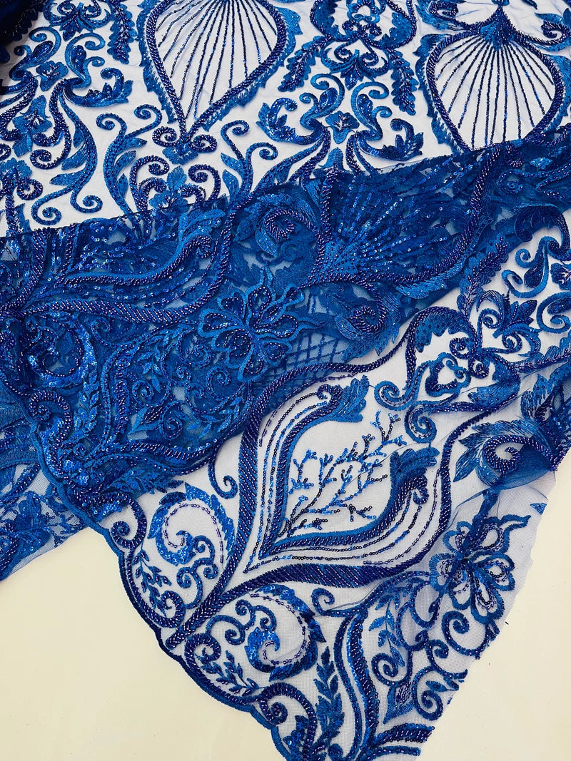 Leaf Damask Bead Fabric - Royal Blue - Embroidered Sequins Heavy Beaded Lace Fabric by Yard