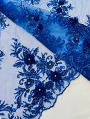 3D Rhinestone Flower Fabric - Royal Blue - 3D Flower Beaded Clusters with Sequins and Rhinestones By Yard