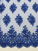 Heavy Bridal Lace Fabric - Royal Blue - Floral Beaded Heavy Lace Fabric Sold by Yard