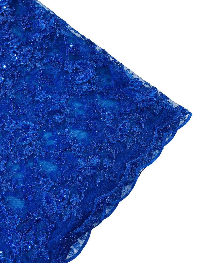 Metallic Floral Butterfly Fabric - Royal Blue - Embroidered Floral Butterfly Design Mesh Fabric by Yard